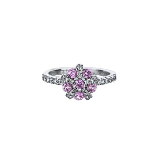 18K White Gold Pink Sapphire & Diamond Five-Petal Flower Ring