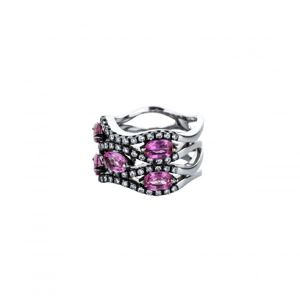 18K White Gold Black Rhodium-Plated Pink Sapphire And Diamond Wave Ring