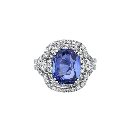 18K White Gold Cushion-Cut Blue Sapphire Double Halo Ring