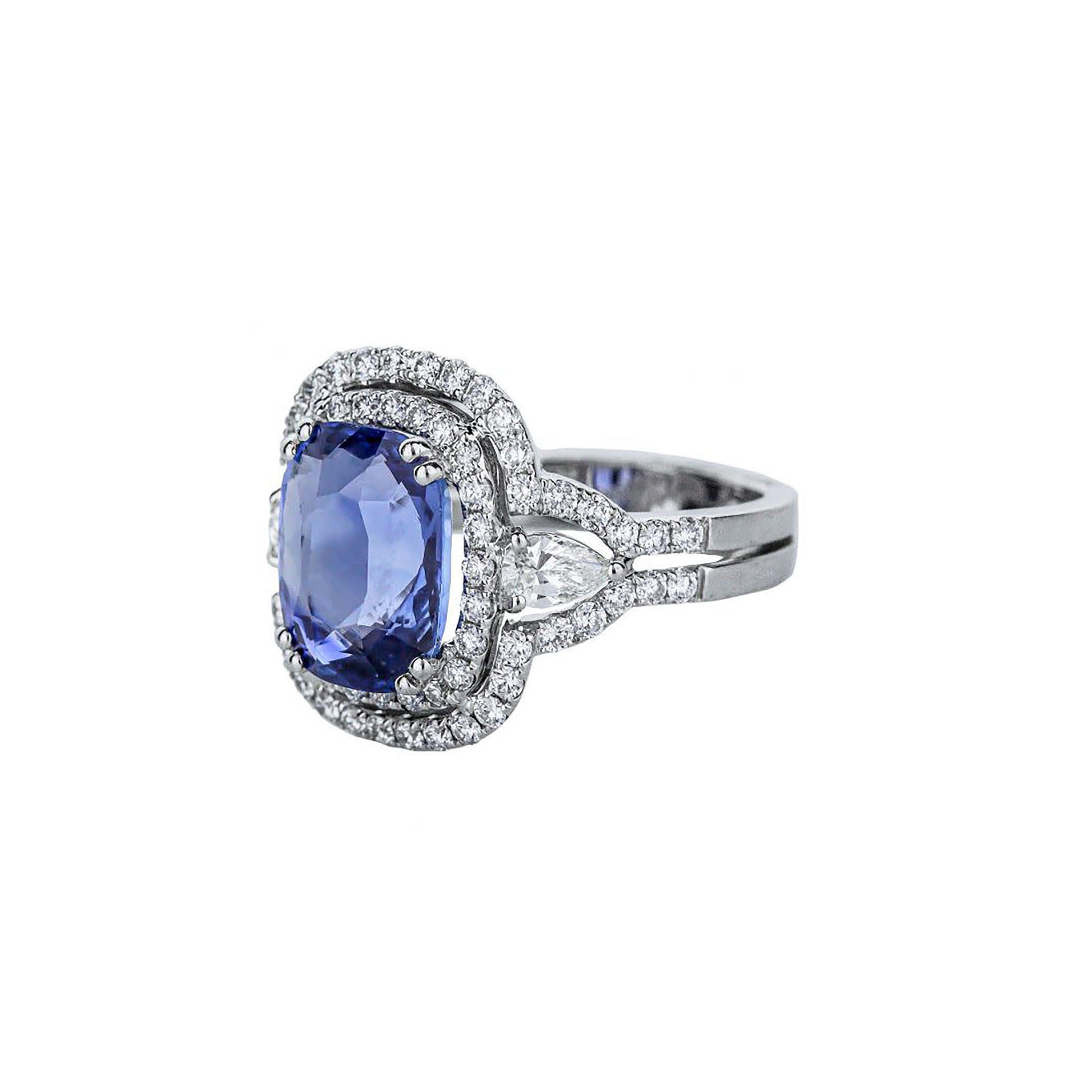 18K White Gold Cushion-Cut Blue Sapphire Double Halo Ring