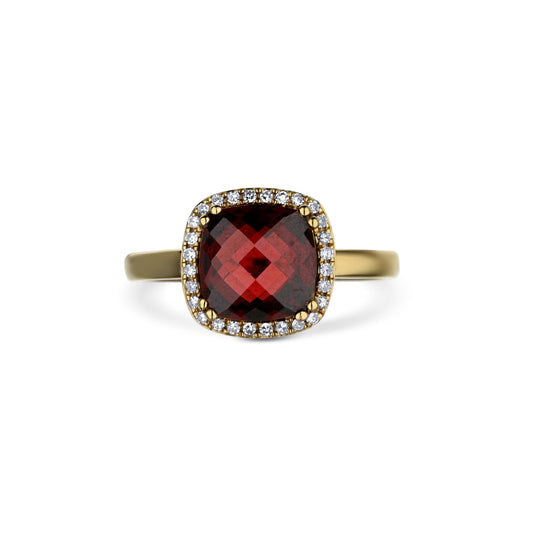 14K Yellow Gold Garnet Diamond Halo Ring Size 7.25