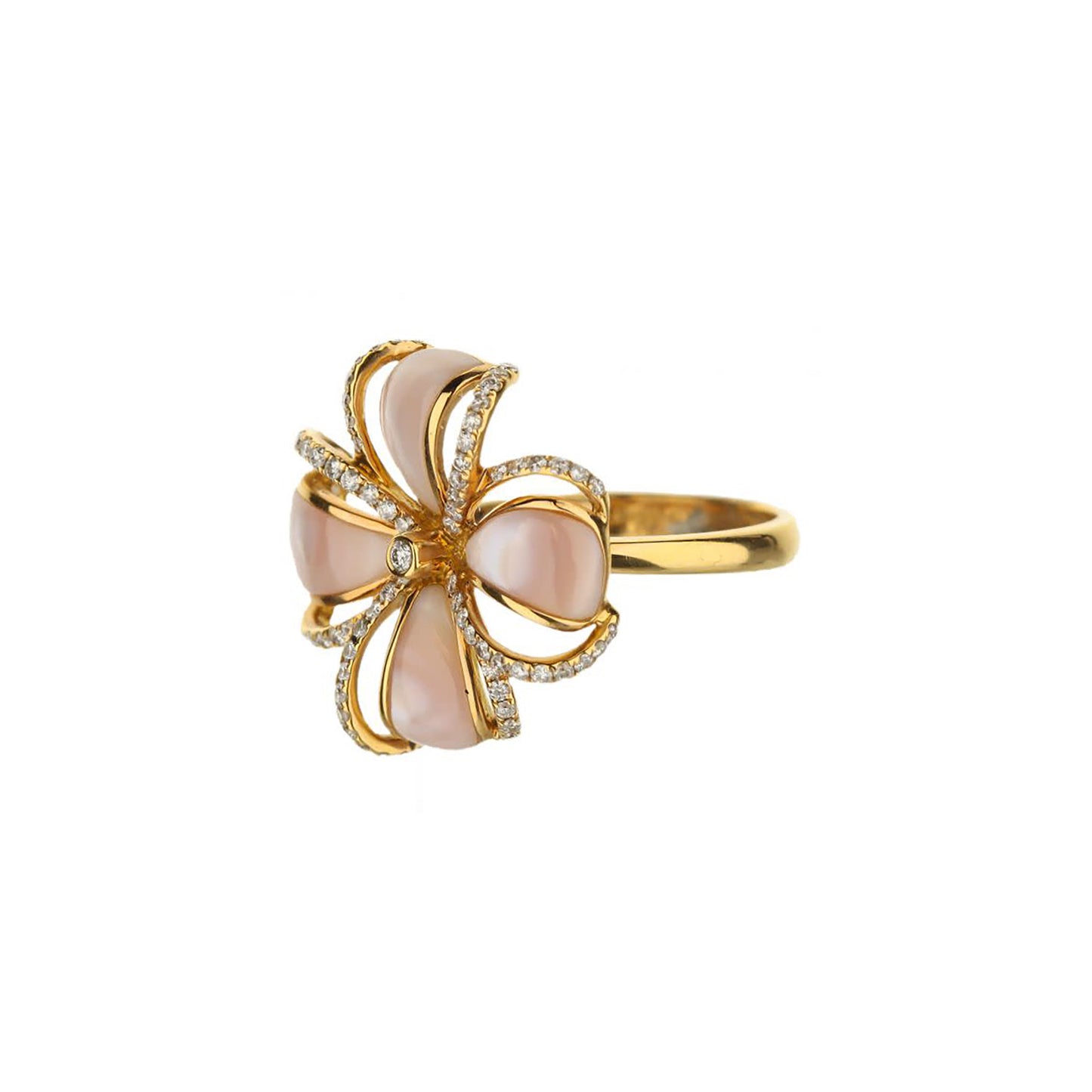 18K Rose Gold Pink Mother Of Pearl And Round Diamond Flower Ring