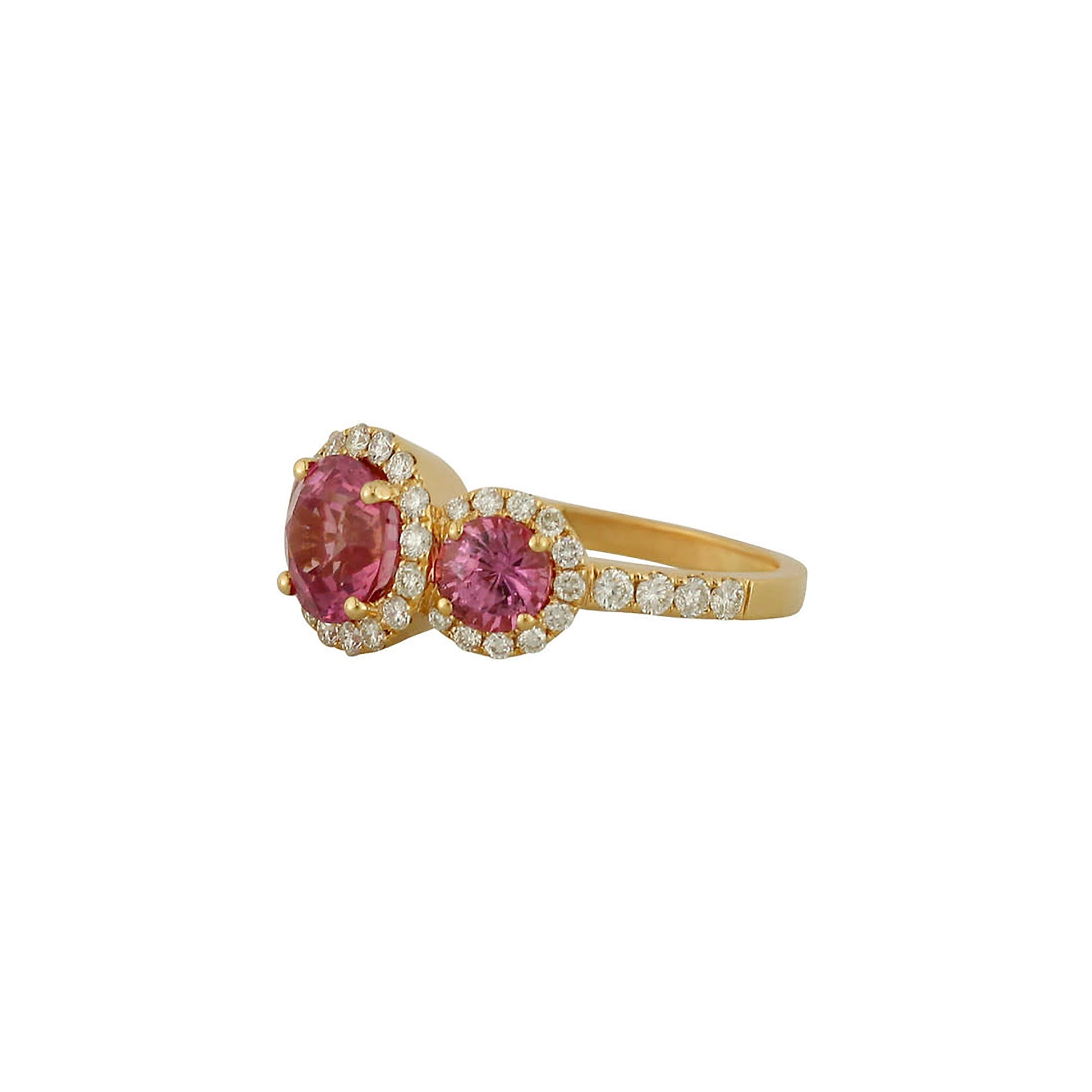 18K Rose Gold Pink Sapphire And Diamond Three-Stone Halo Ring