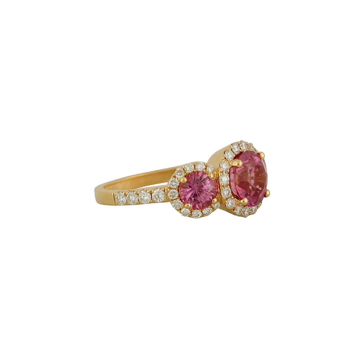 18K Rose Gold Pink Sapphire And Diamond Three-Stone Halo Ring