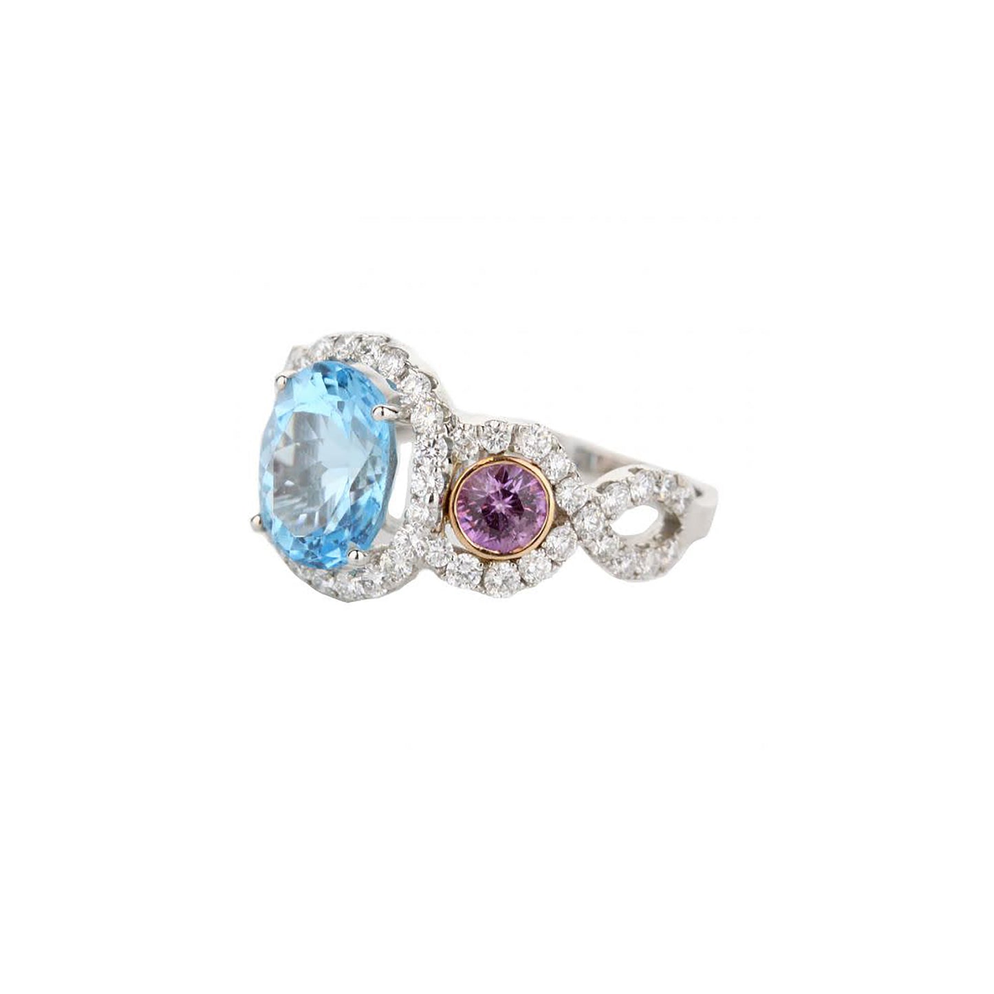 14K Mixed Metal Three Stone Sapphire Diamond Ring