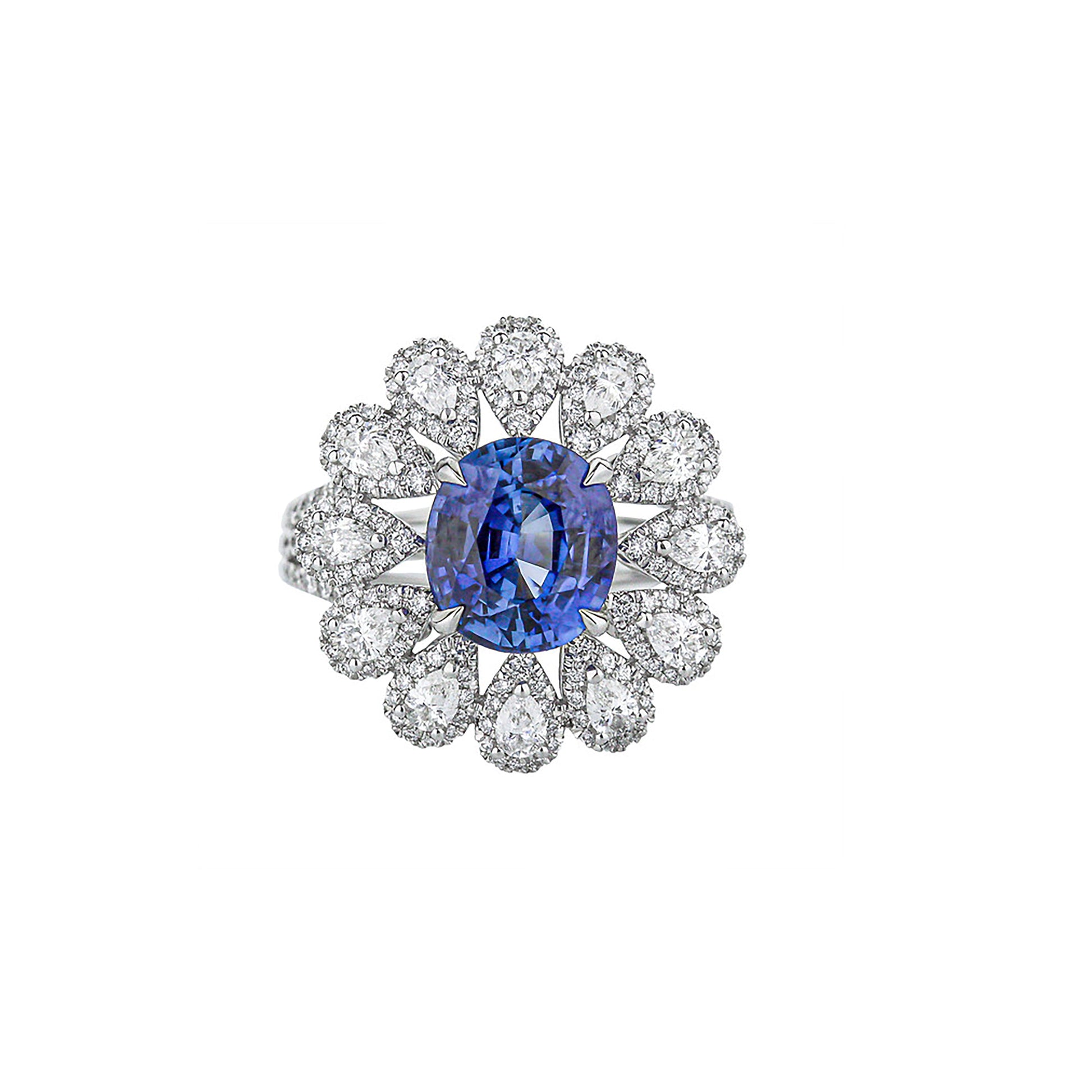 18K White Gold Oval Blue Sapphire & Diamond Flower Cocktail Ring