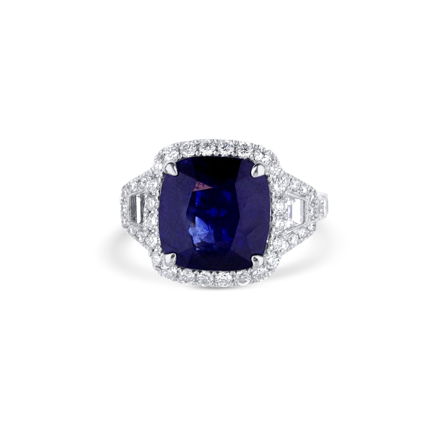 18K White Gold Cushion-Cut Blue Sapphire & Trapezoidal Diamond Engagement Ring