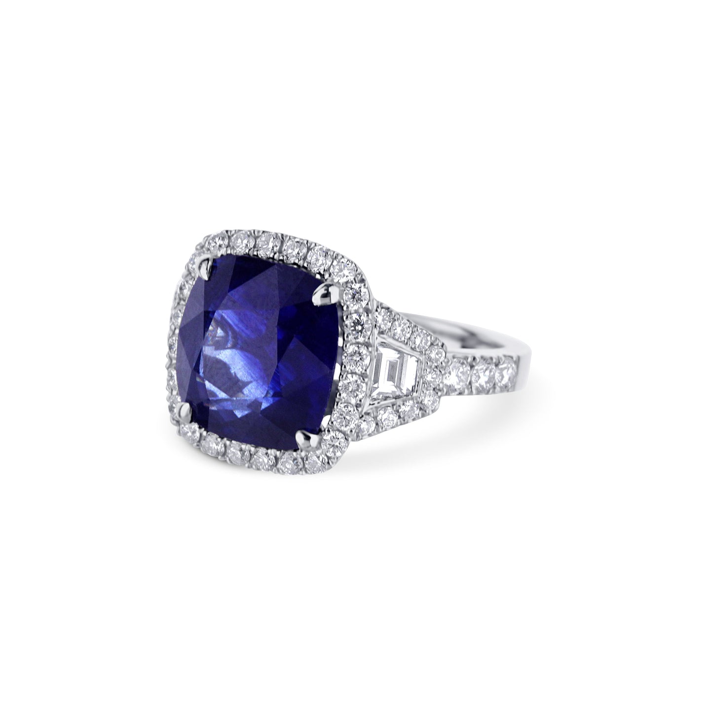 18K White Gold Cushion-Cut Blue Sapphire & Trapezoidal Diamond Engagement Ring