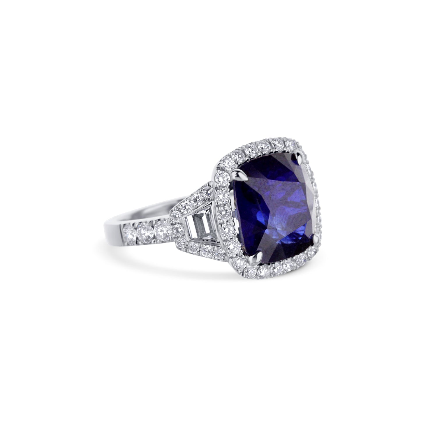 18K White Gold Cushion-Cut Blue Sapphire & Trapezoidal Diamond Engagement Ring