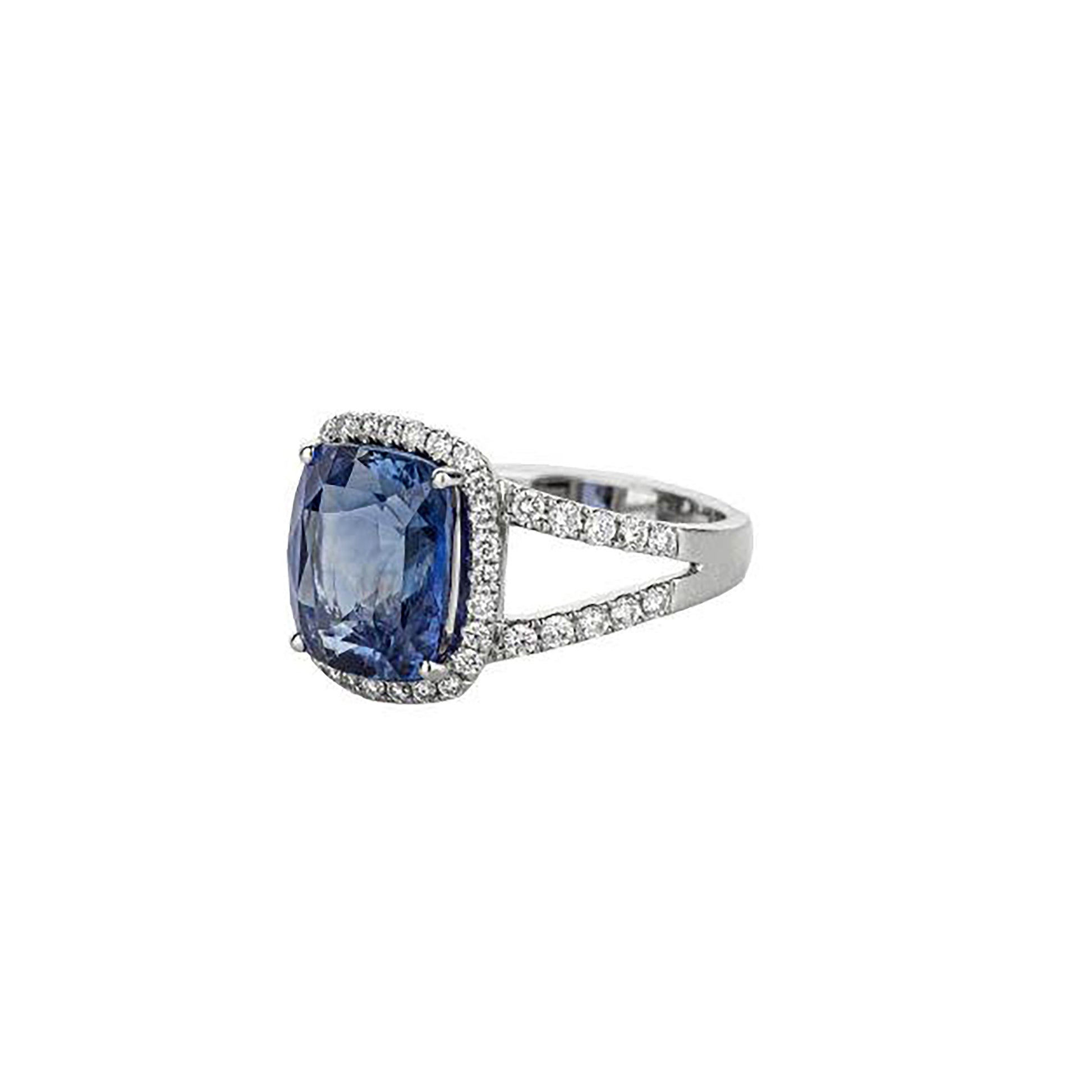 18K White Gold Long Cushion-Cut Blue Sapphire With Round Diamond Halo & Partial-Split Shank Ring