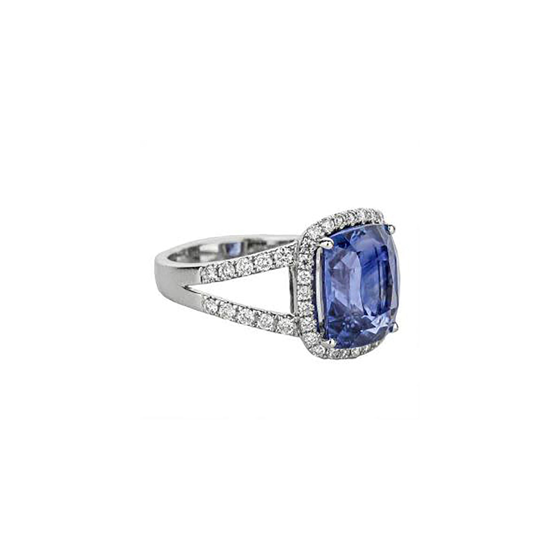 18K White Gold Long Cushion-Cut Blue Sapphire With Round Diamond Halo & Partial-Split Shank Ring