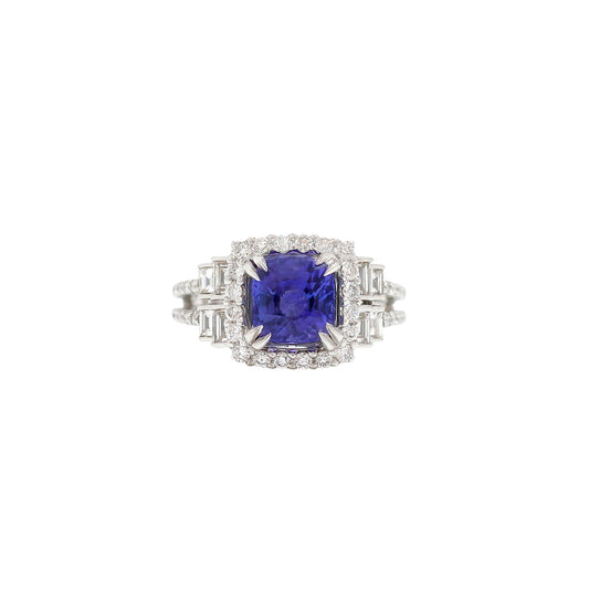 18K White Gold Cushion Tanzanite With Diamond Halo And Baguette Accent Ring