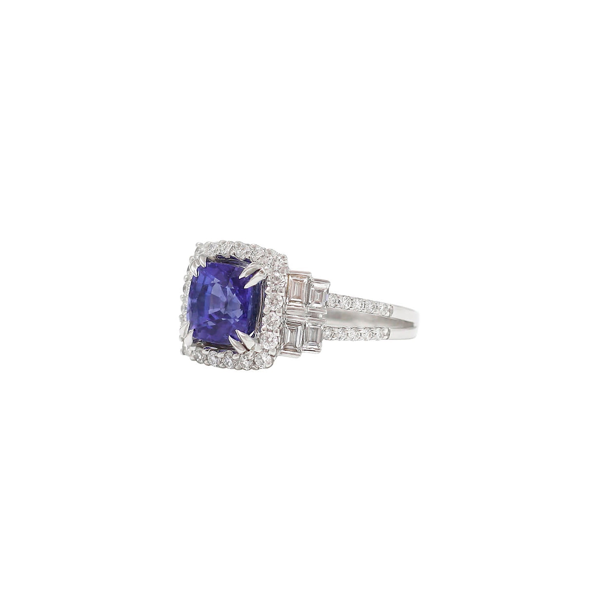 18K White Gold Cushion Tanzanite With Diamond Halo And Baguette Accent Ring