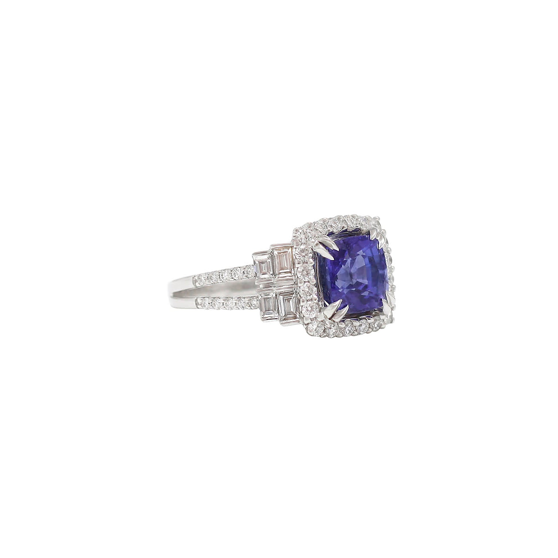 18K White Gold Cushion Tanzanite With Diamond Halo And Baguette Accent Ring