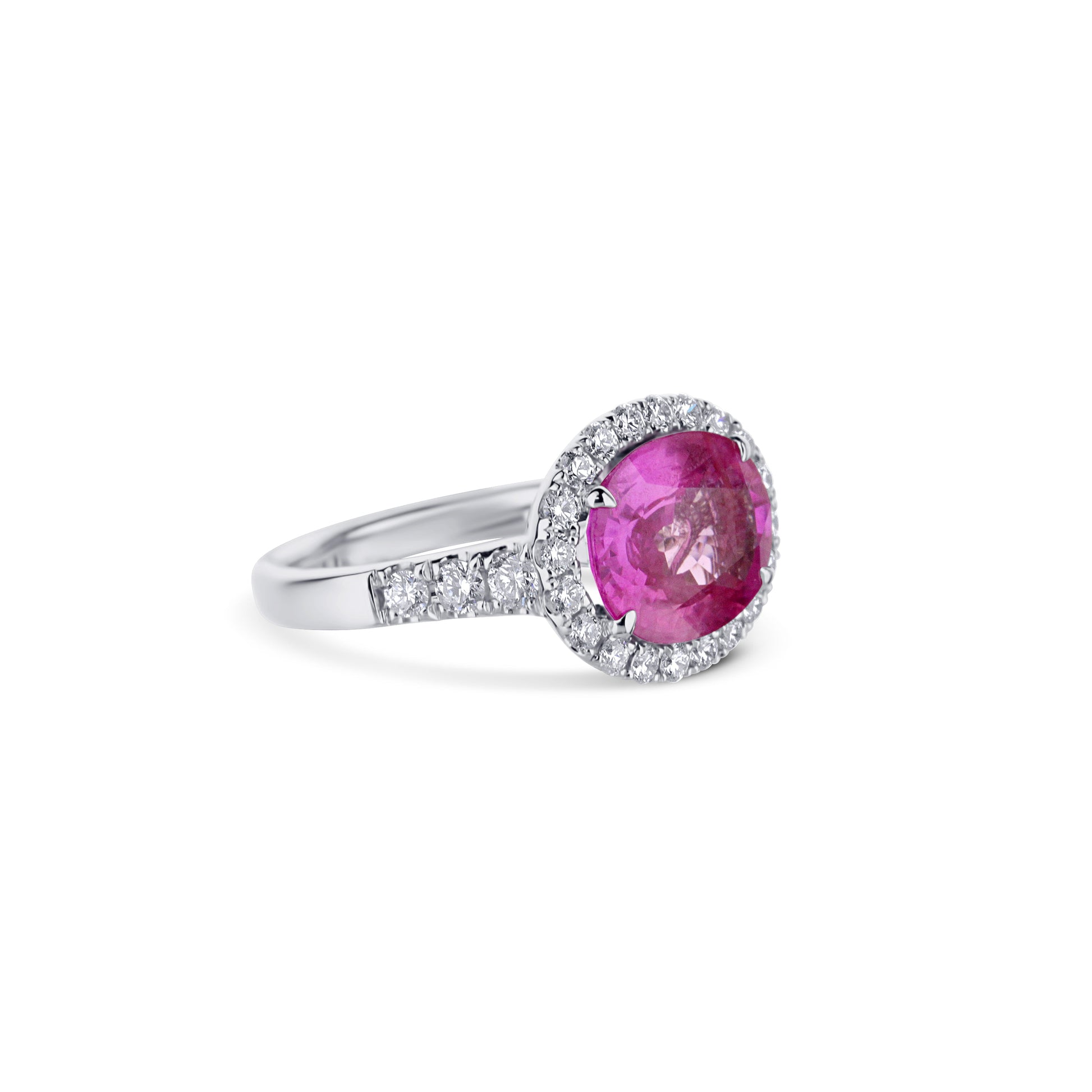 18K White Gold Wide-Set Oval Pink Sapphire Diamond Halo Ring