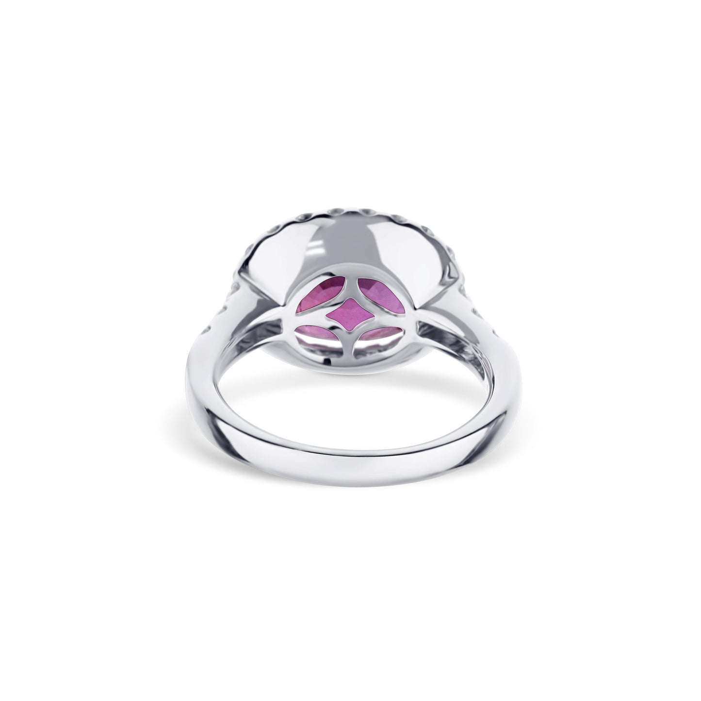 18K White Gold Wide-Set Oval Pink Sapphire Diamond Halo Ring