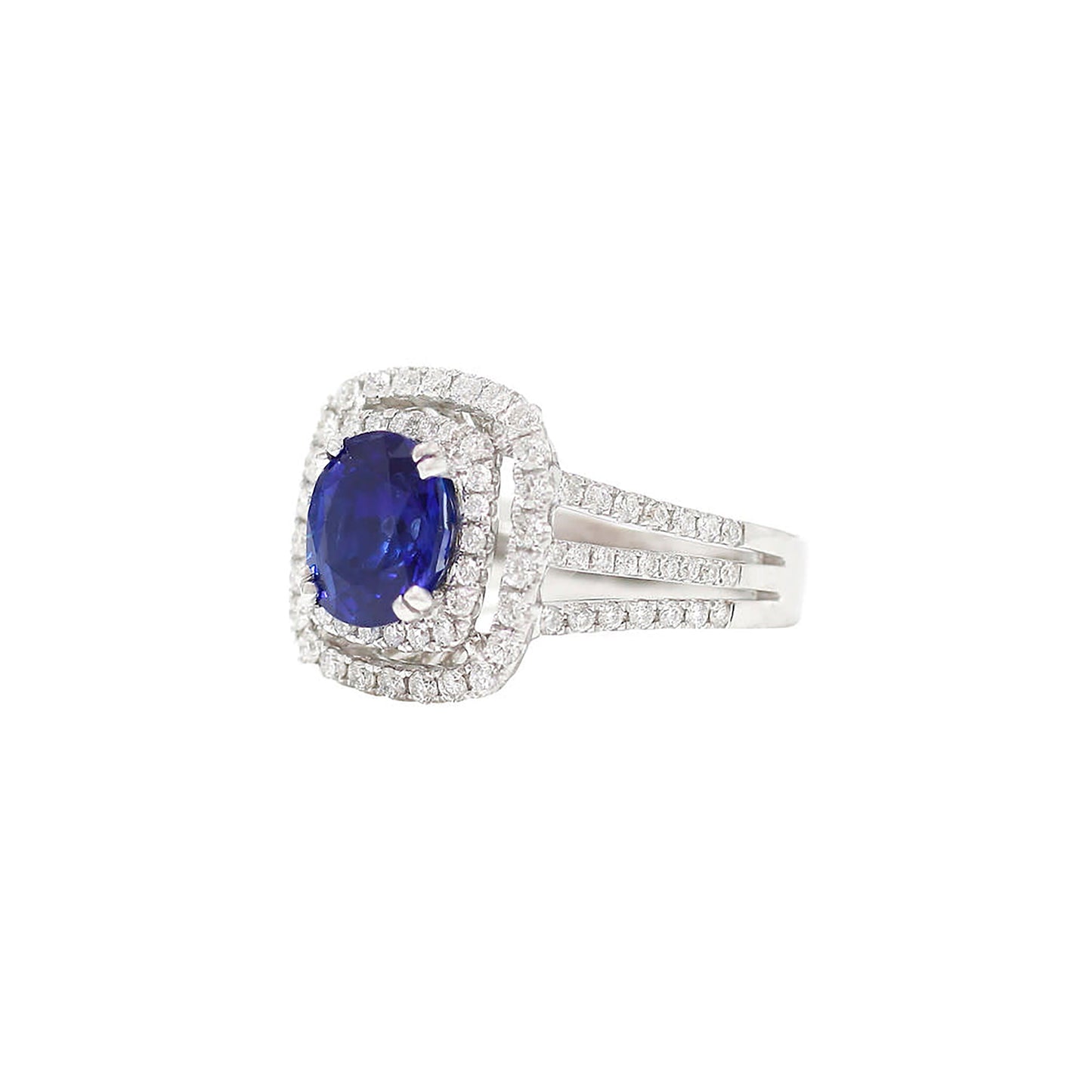 18K White Gold Round Blue Sapphire Center With Double Diamond Halo & Triple Split-Shank Ring