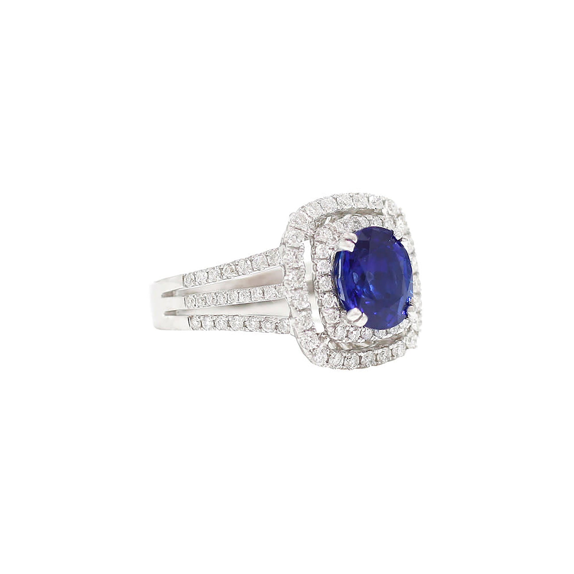 18K White Gold Round Blue Sapphire Center With Double Diamond Halo & Triple Split-Shank Ring