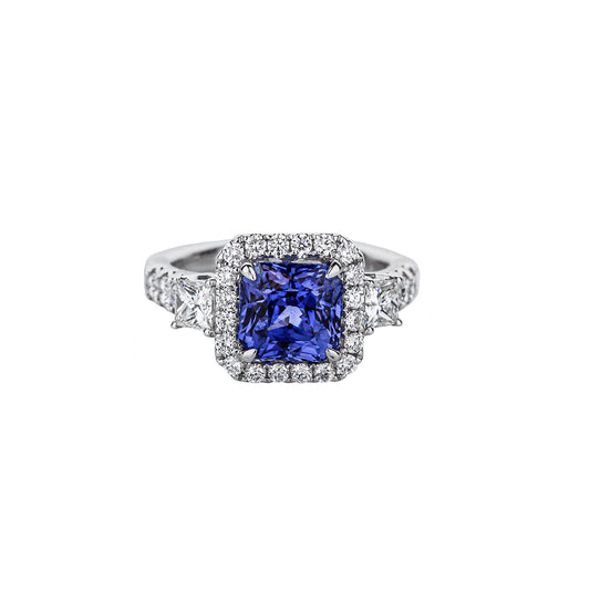 18K White Gold Radiant-Cut Blue Sapphire With Accent Princess-Cut Diamonds Ring