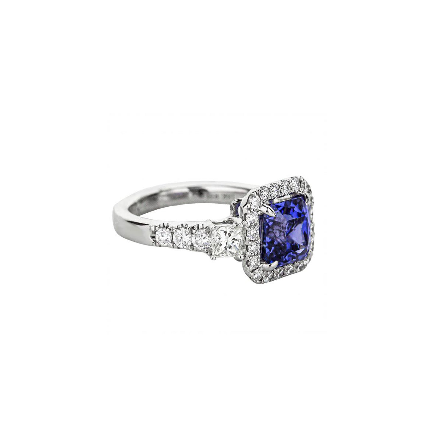 18K White Gold Radiant-Cut Blue Sapphire With Accent Princess-Cut Diamonds Ring