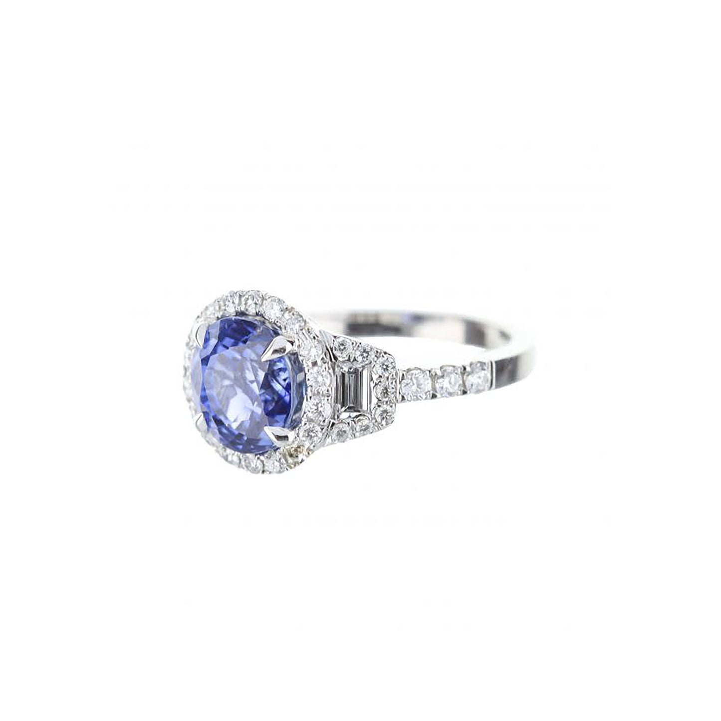 18K White Gold Round Blue Sapphire Engagement Ring With Trapezoid-Cut Diamond Accents And Diamond Halo