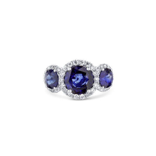 18K White Gold Blue Sapphire Three Stone Diamond Engagement Ring