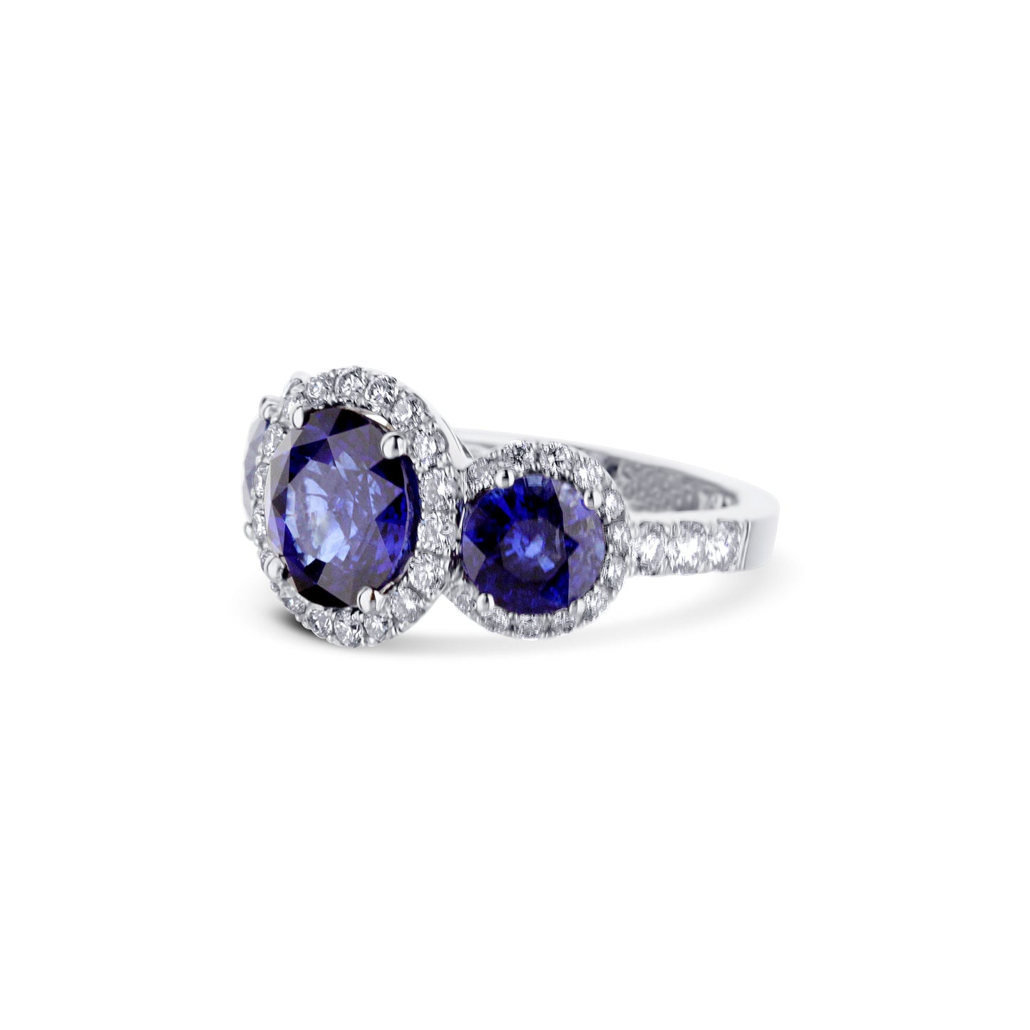 18K White Gold Blue Sapphire Three Stone Diamond Engagement Ring