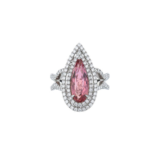 18K White Gold Pear Shaped Pink Tourmaline Double Diamond Halo Ring