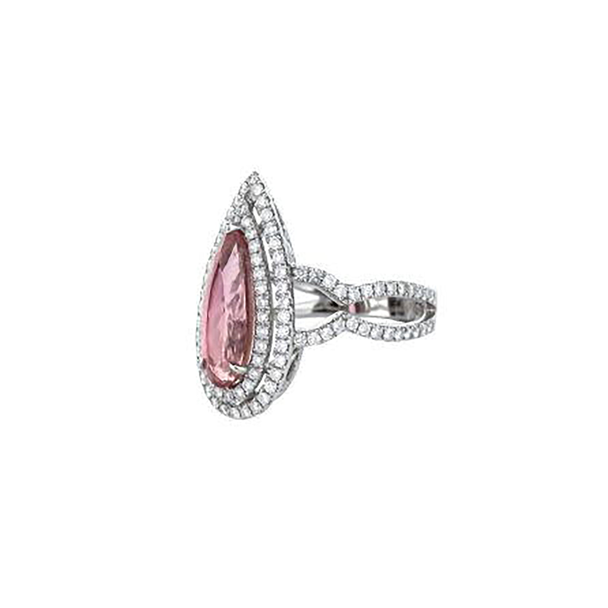 18K White Gold Pear Shaped Pink Tourmaline Double Diamond Halo Ring