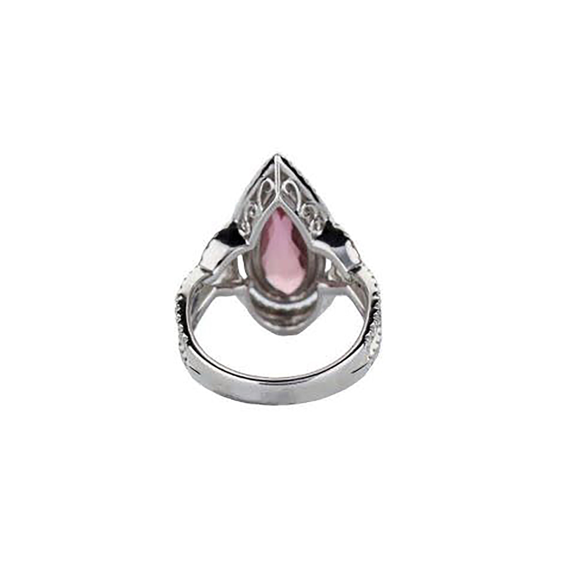 18K White Gold Pear Shaped Pink Tourmaline Double Diamond Halo Ring