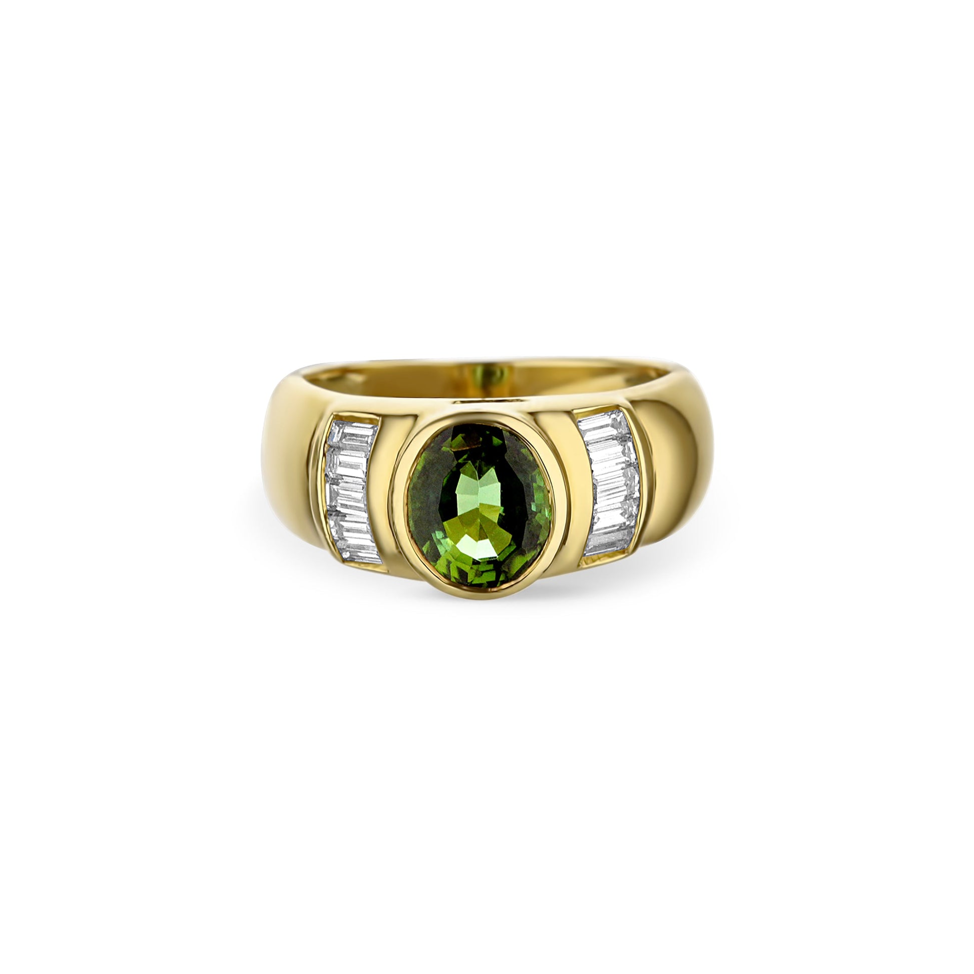 18K Yellow Gold Peridot Bezel Set Baguette Diamond Ring