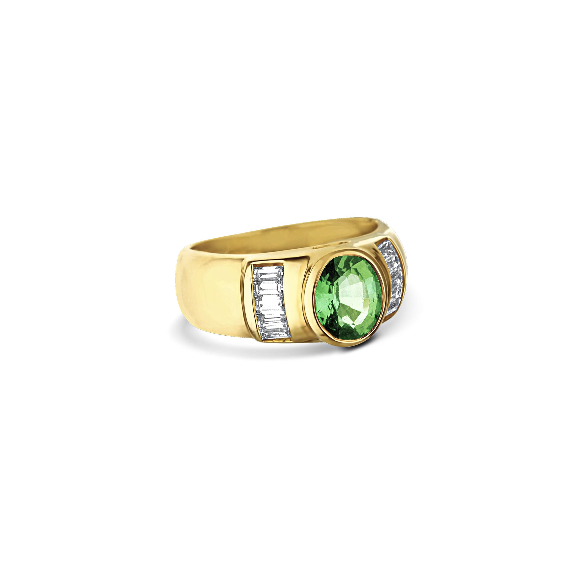 18K Yellow Gold Peridot Bezel Set Baguette Diamond Ring