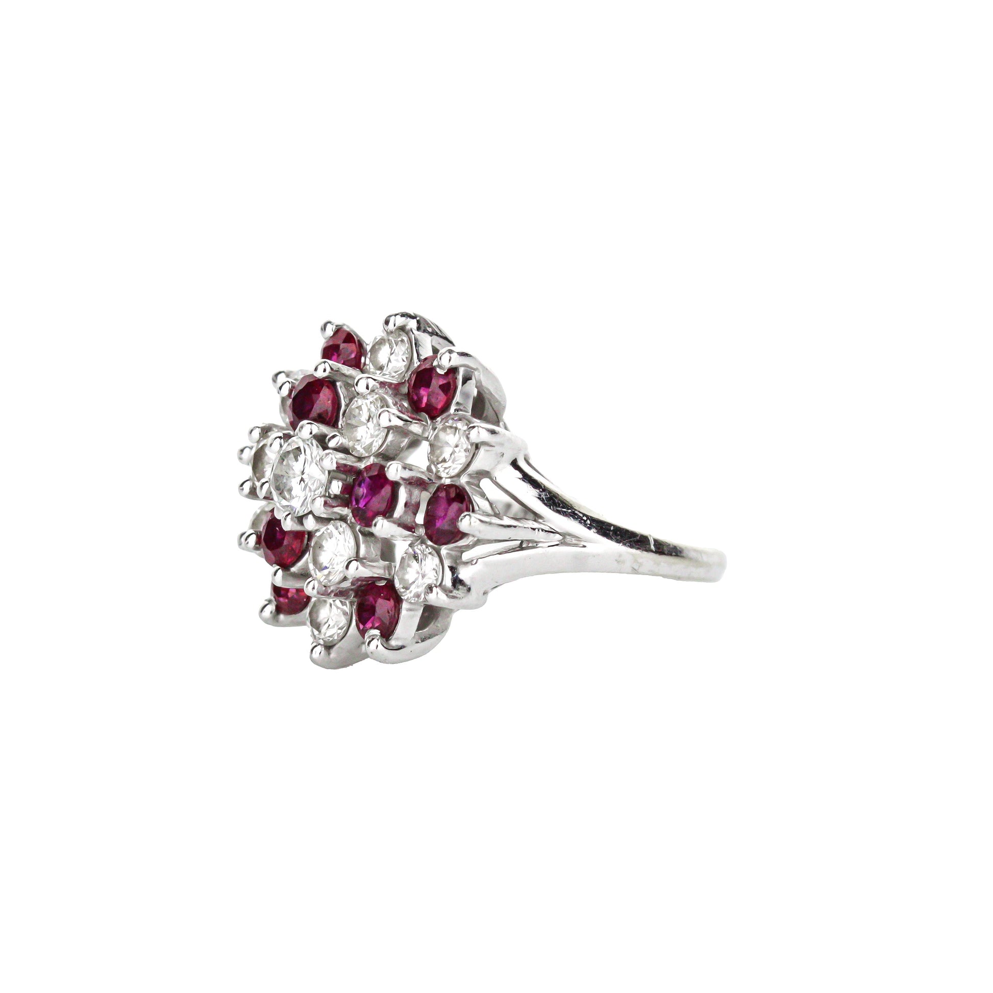 14K White Gold Ruby Diamond Prong Set Cocktail Ring