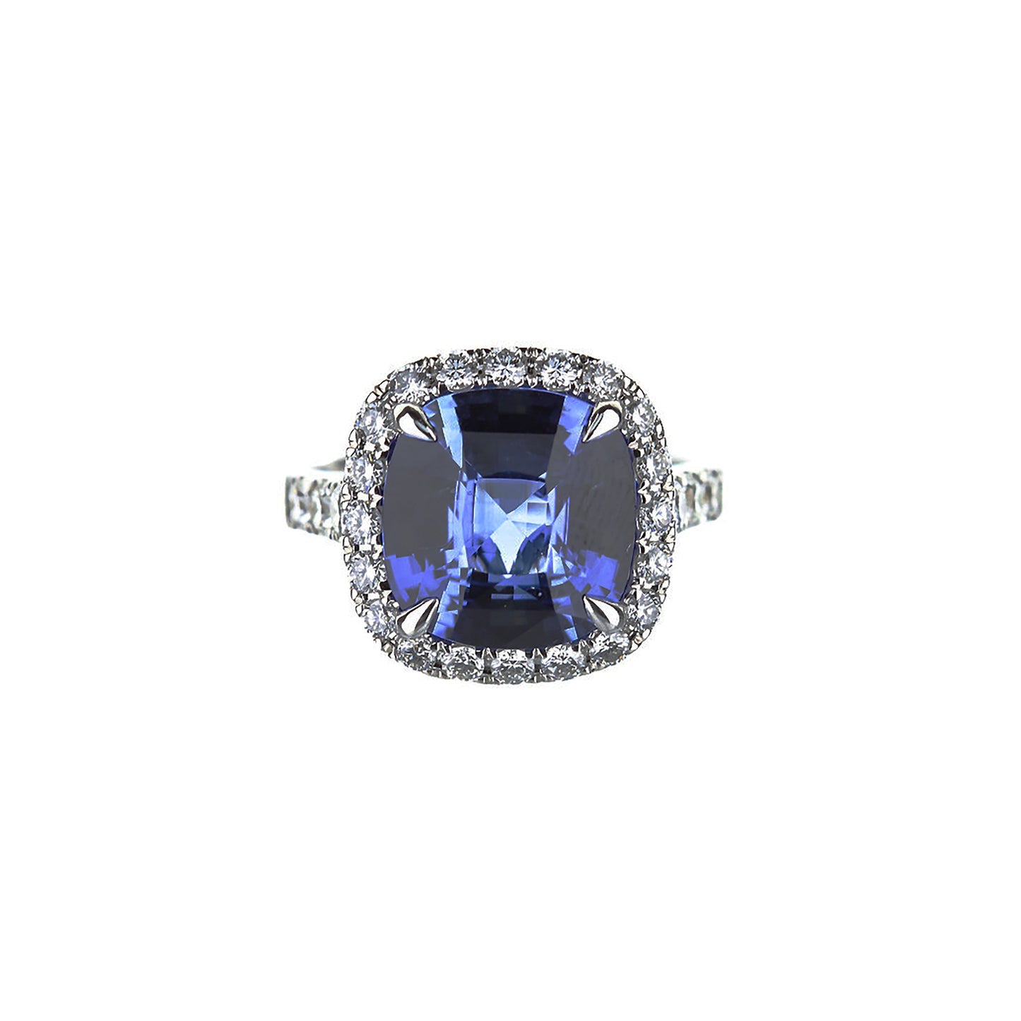 18K White Gold Cushion Cut Blue Sapphire Diamond Halo Engagement Ring