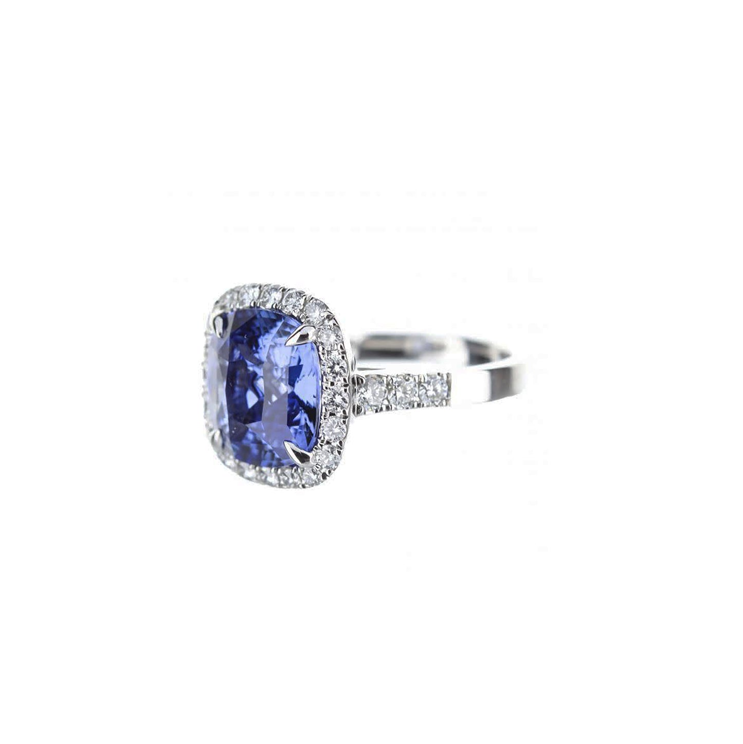 18K White Gold Cushion Cut Blue Sapphire Diamond Halo Engagement Ring