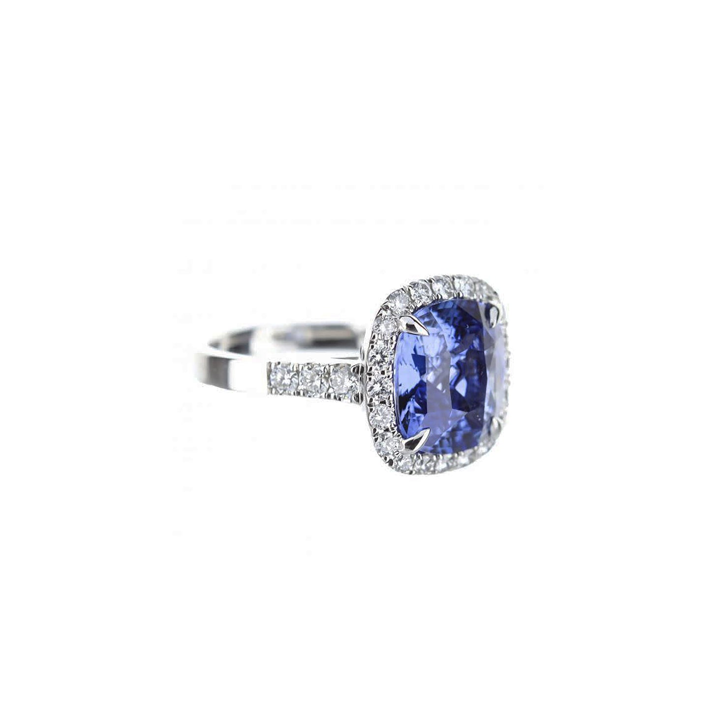 18K White Gold Cushion Cut Blue Sapphire Diamond Halo Engagement Ring