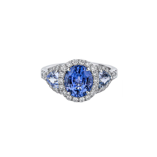 18K White Gold 3 Blue Sapphire Diamond Ring With Triple Halo