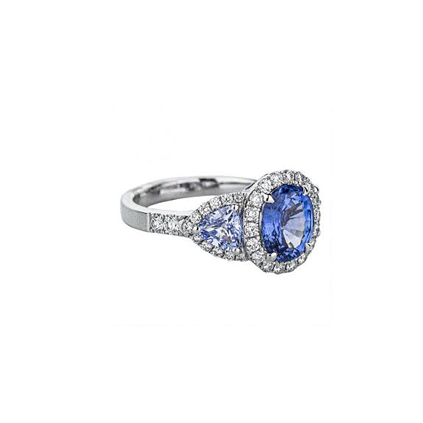 18K White Gold 3 Blue Sapphire Diamond Ring With Triple Halo