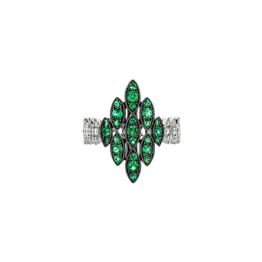 18K White Gold Designer Marquise Shaped Cluster Emerald Ring