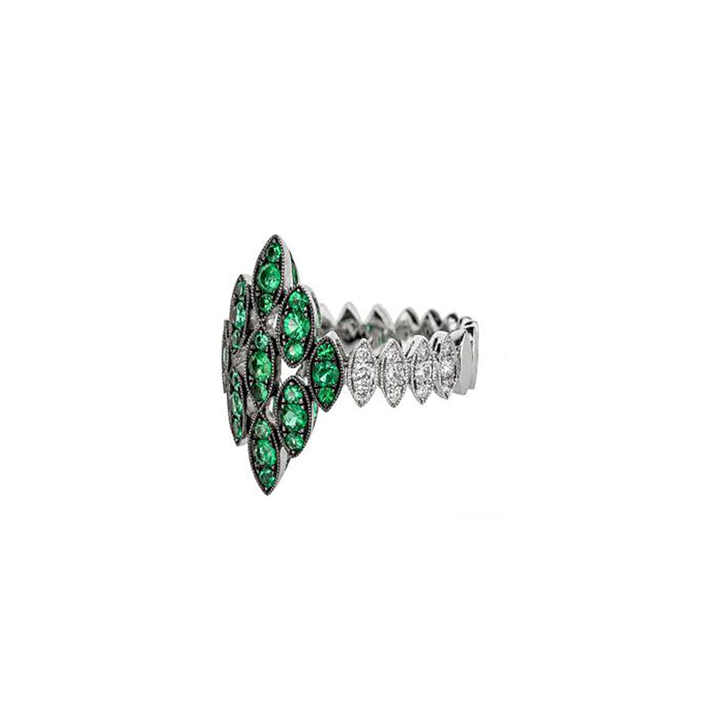 18K White Gold Designer Marquise Shaped Cluster Emerald Ring