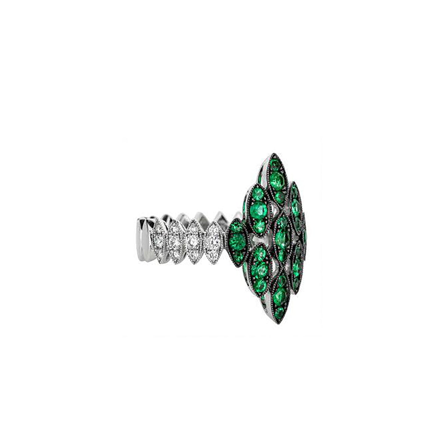 18K White Gold Designer Marquise Shaped Cluster Emerald Ring