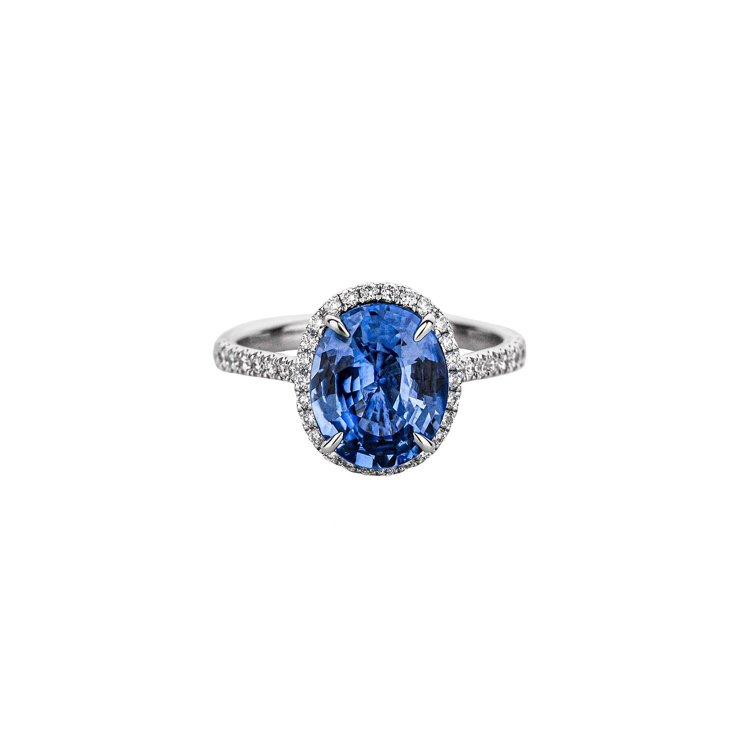 18K White Gold Oval Blue Sapphire In Thin Diamond Halo Ring