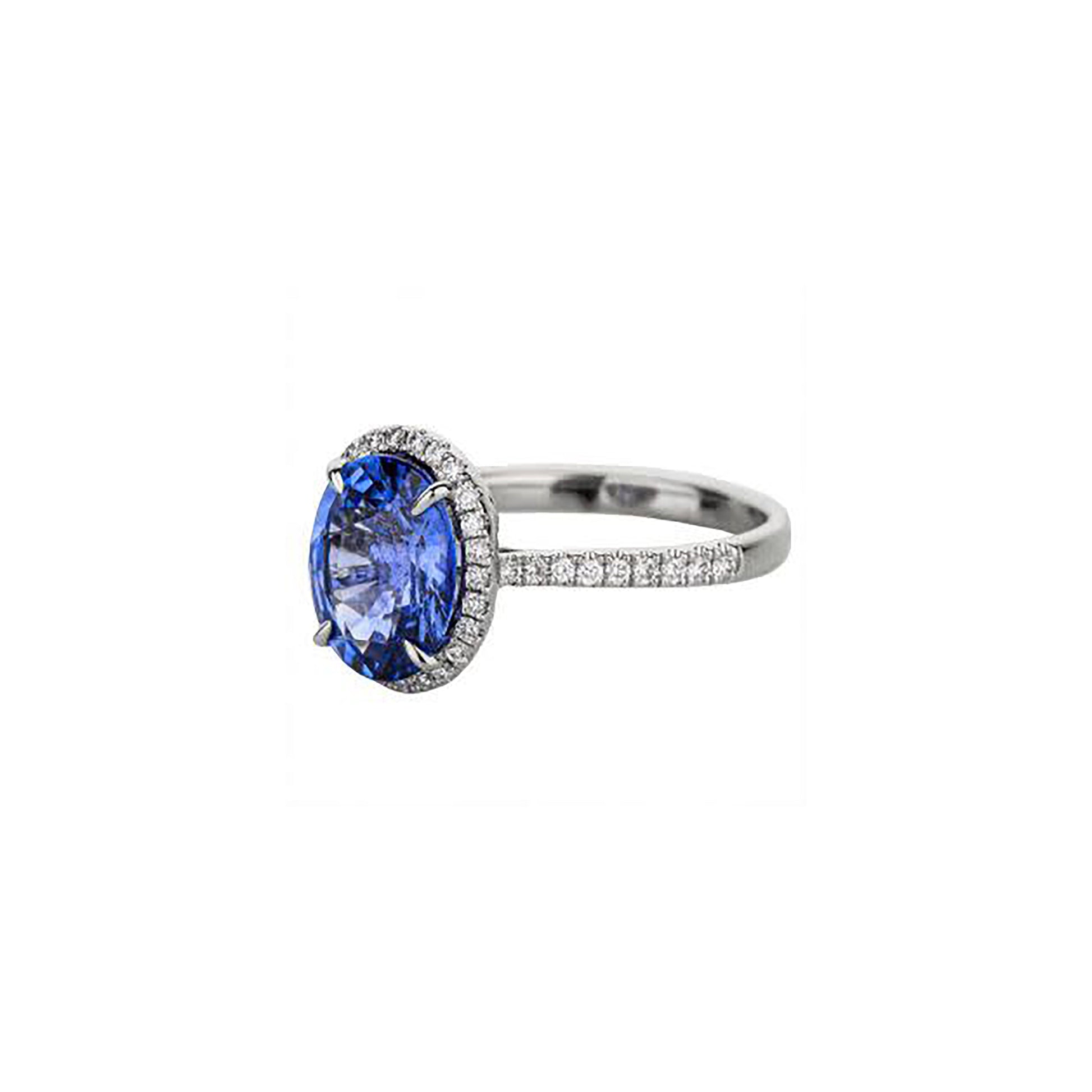 18K White Gold Oval Blue Sapphire In Thin Diamond Halo Ring