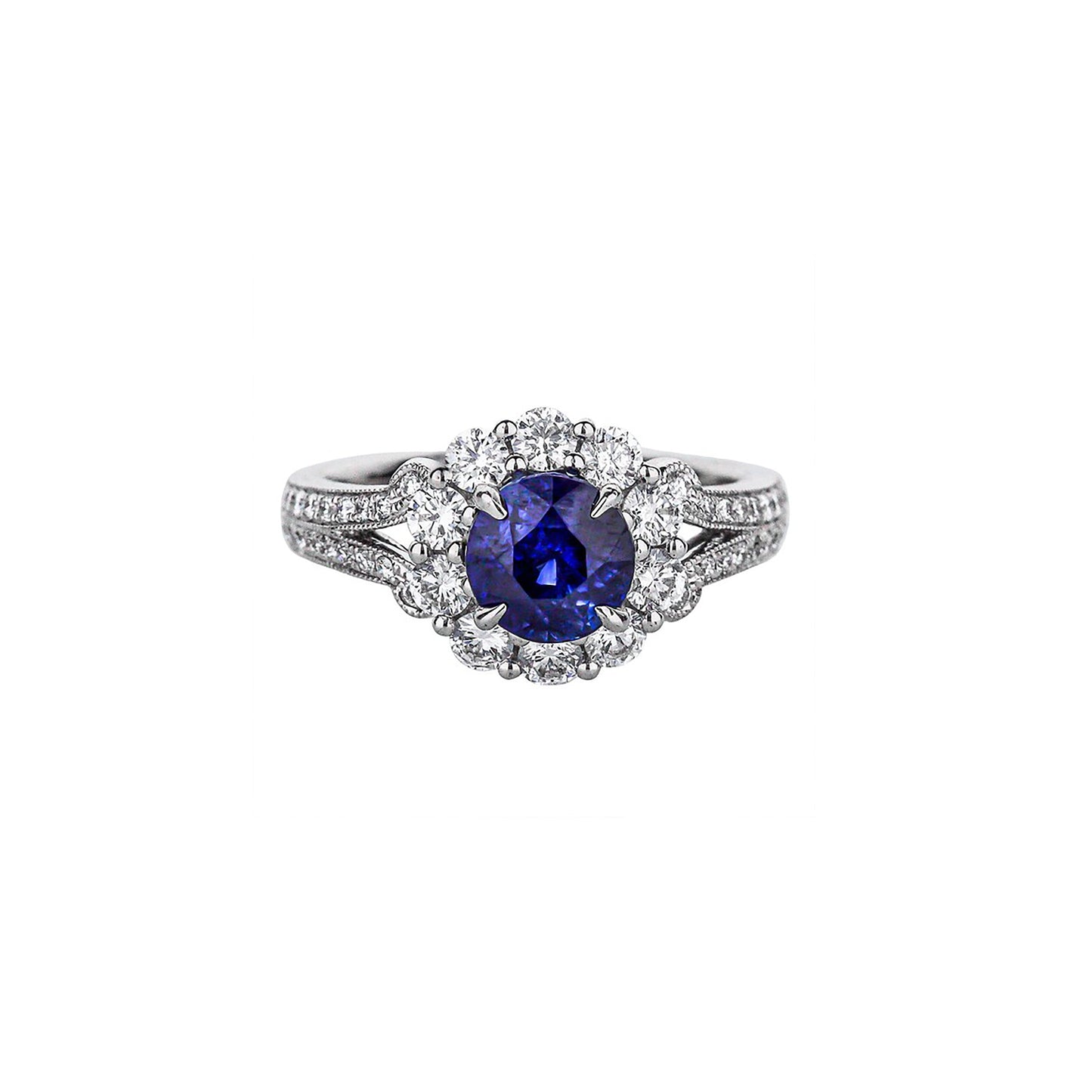 18K White Gold Blue Sapphire Ring With Split Shank And Halo