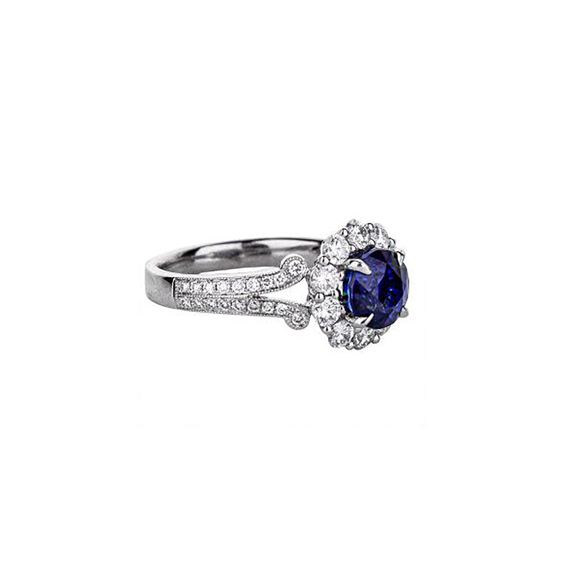 18K White Gold Blue Sapphire Ring With Split Shank And Halo