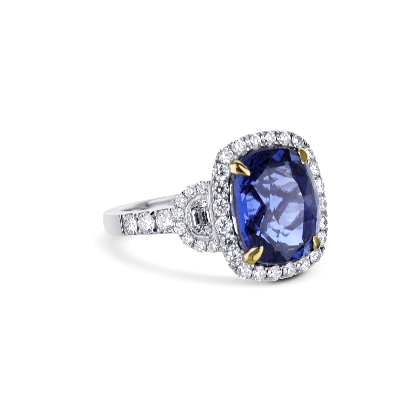 18K White Gold Cushion Cut Blue Sapphire Diamond Halo Engagement Ring