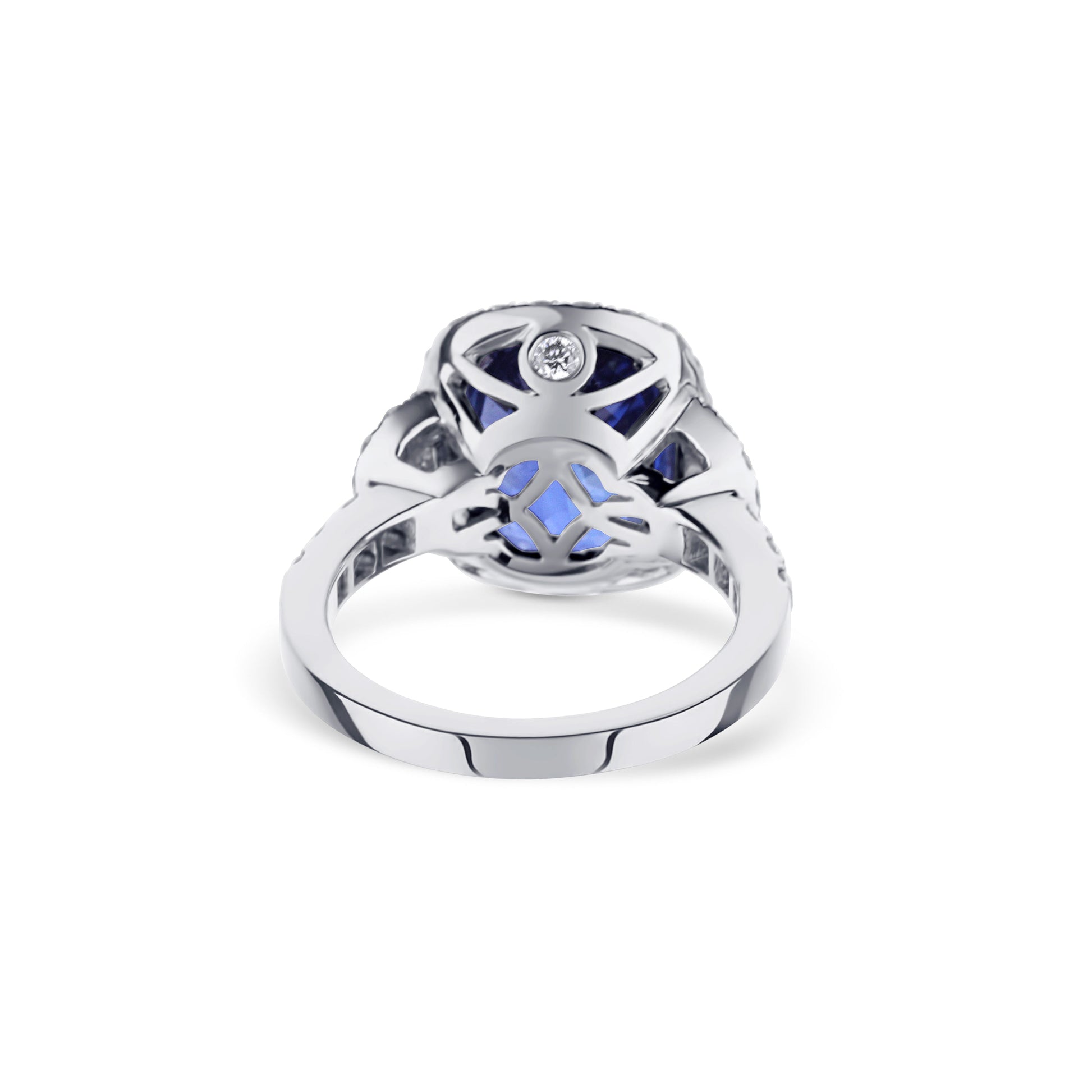 18K White Gold Cushion Cut Blue Sapphire Diamond Halo Engagement Ring