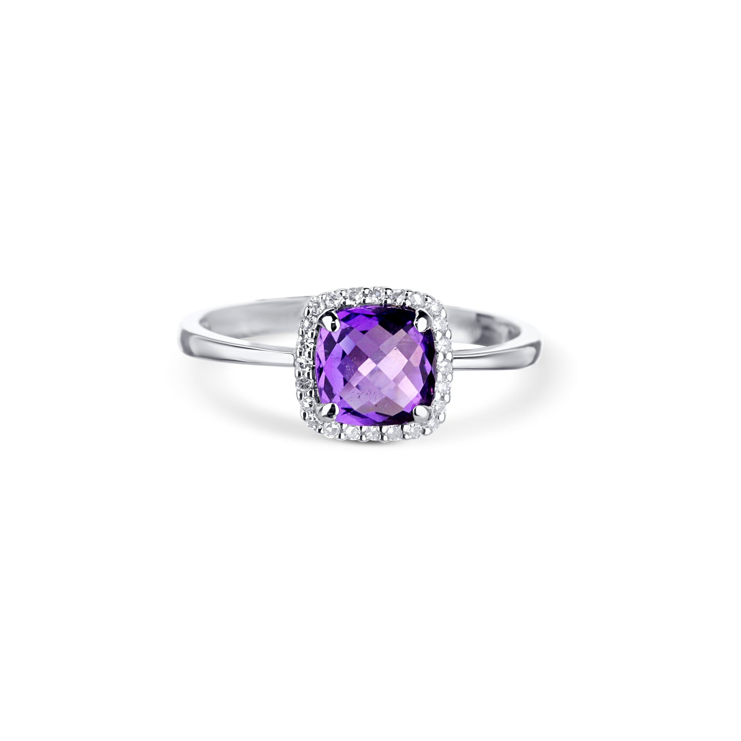 14K White Gold Amethyst Cushion Cut Center Stone With Diamond Halo Size 6.25