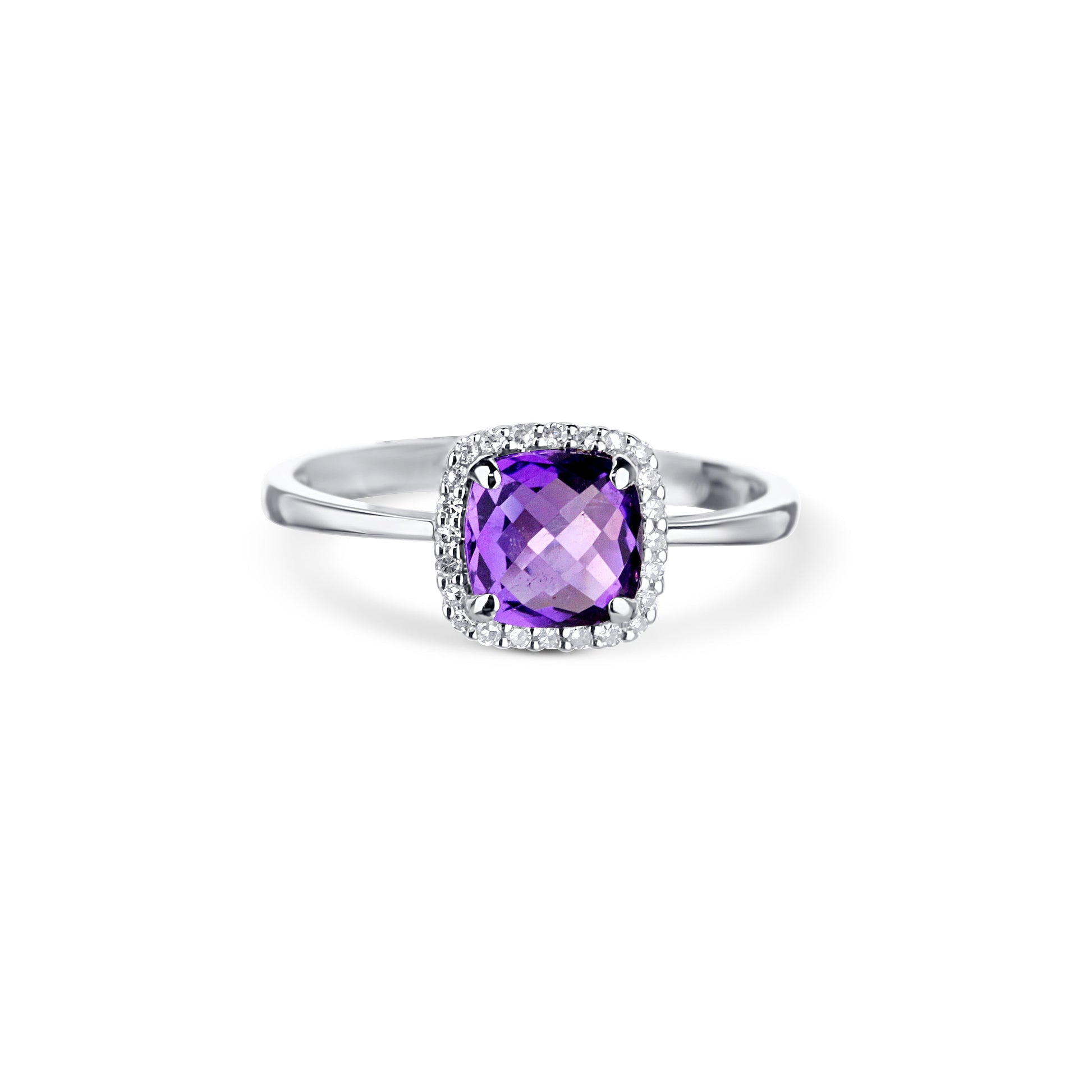 14K White Gold Amethyst Cushion Cut Center Stone With Diamond Halo Size 6.25