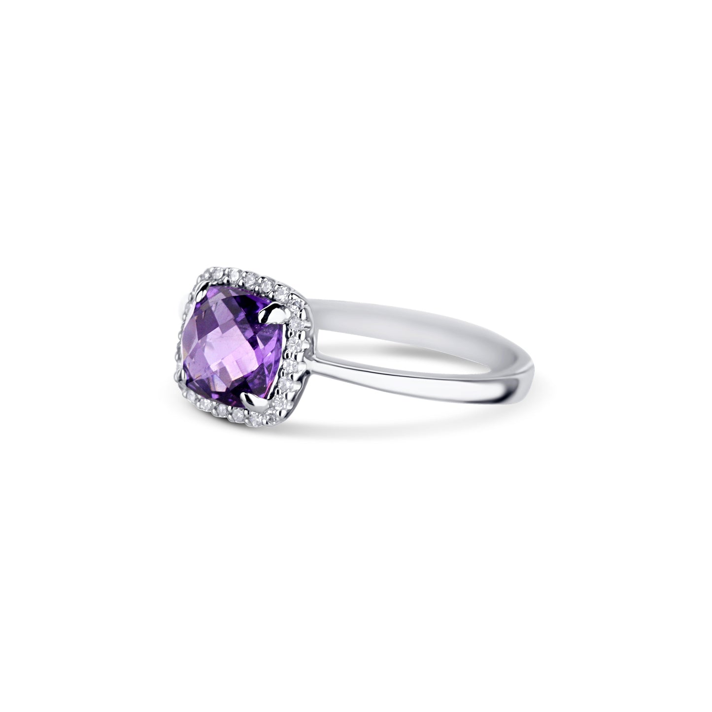 14K White Gold Amethyst Cushion Cut Center Stone With Diamond Halo Size 6.25